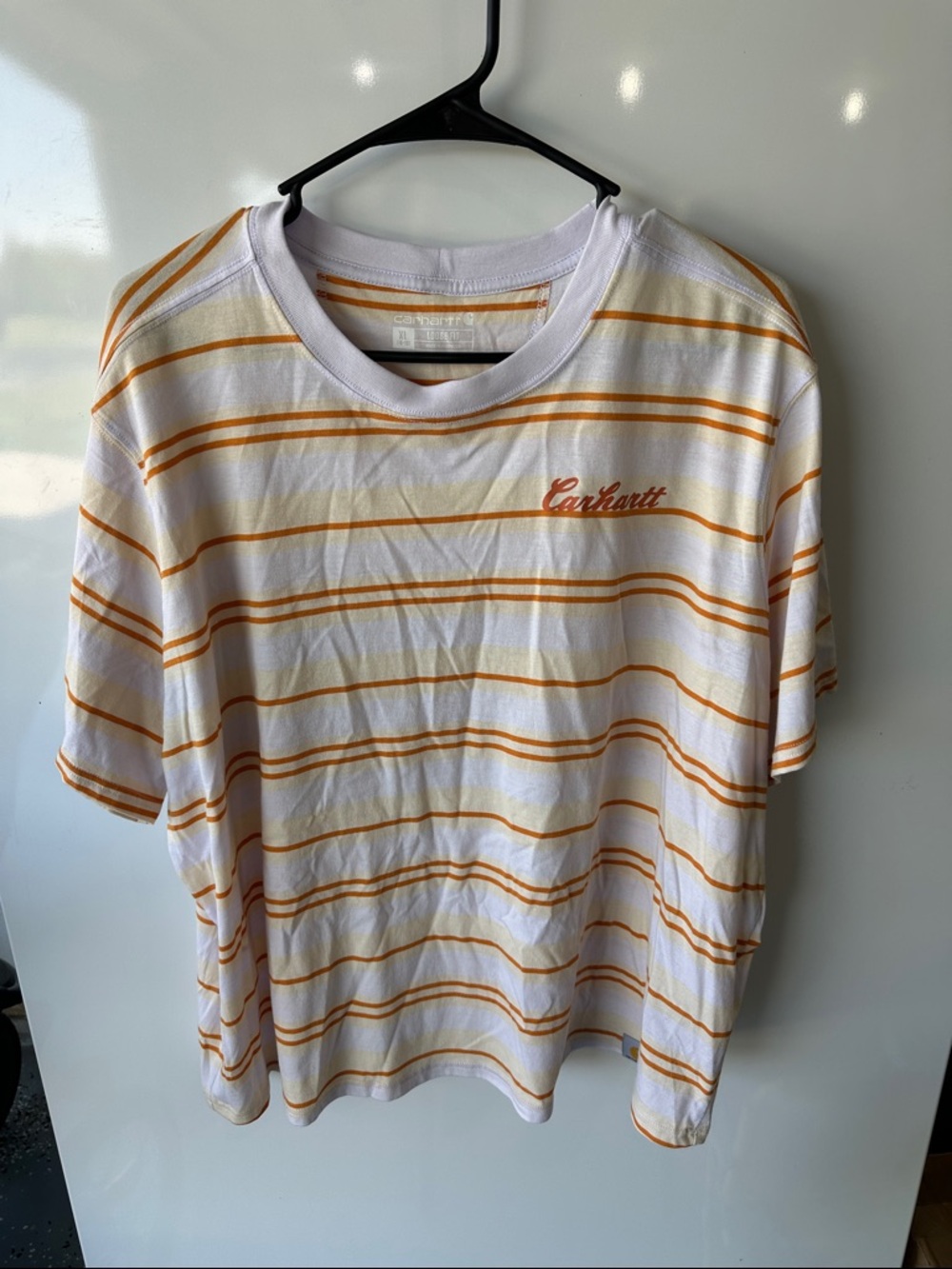 Carhartt White T-Shirt with Yellow Stripes and Script Logo
